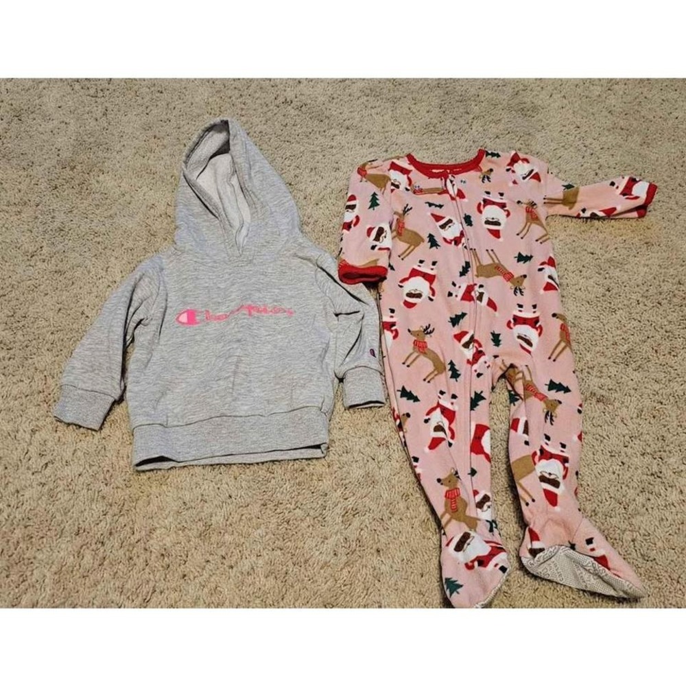 Champion Hoodie & Christmas Santa Reindeer Fleece Pajama Set Size 12M